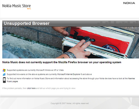 Nokia Music Store does not support Firefox